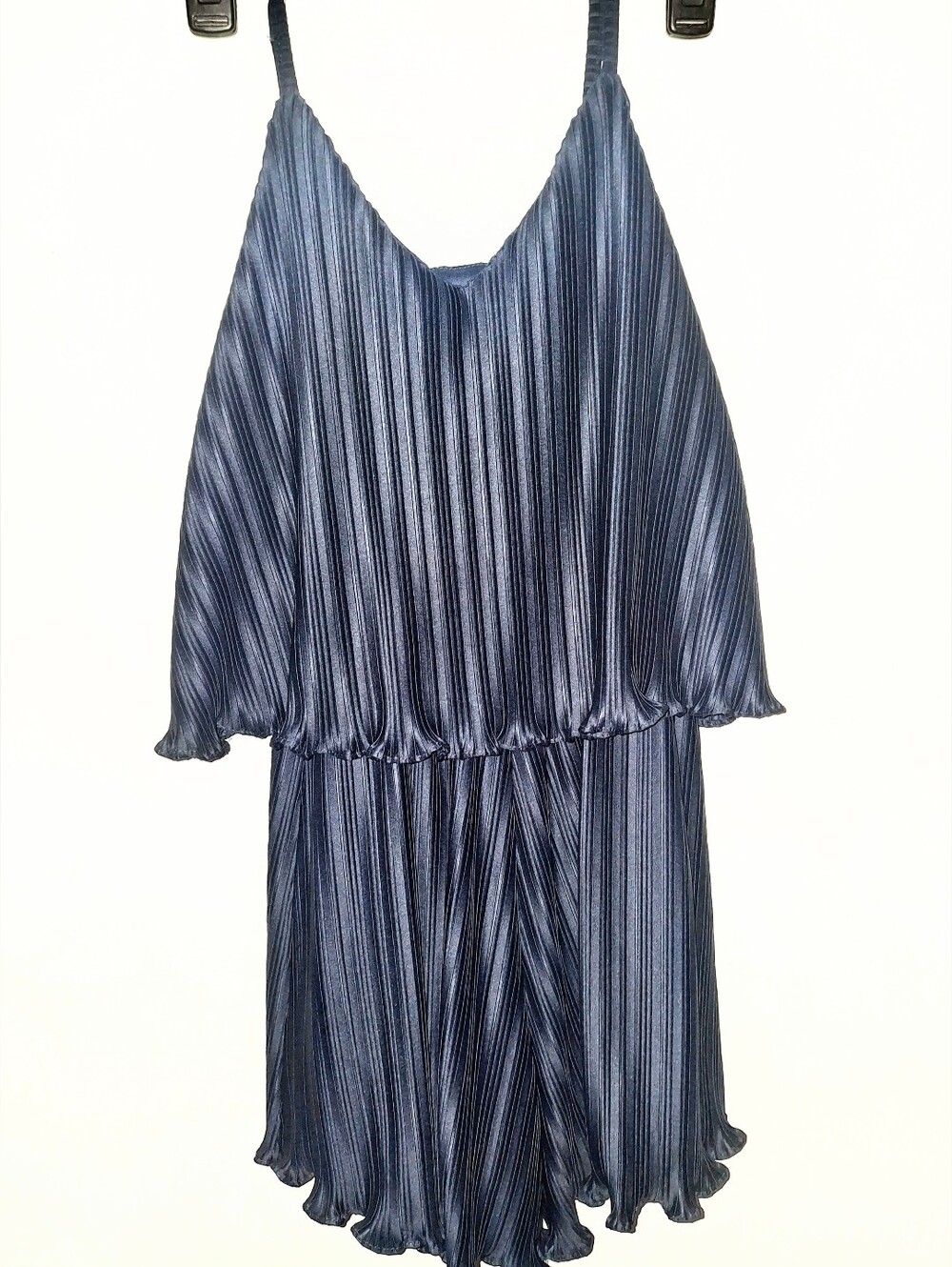 Navy Pleated Spaghetti-Strap Romper